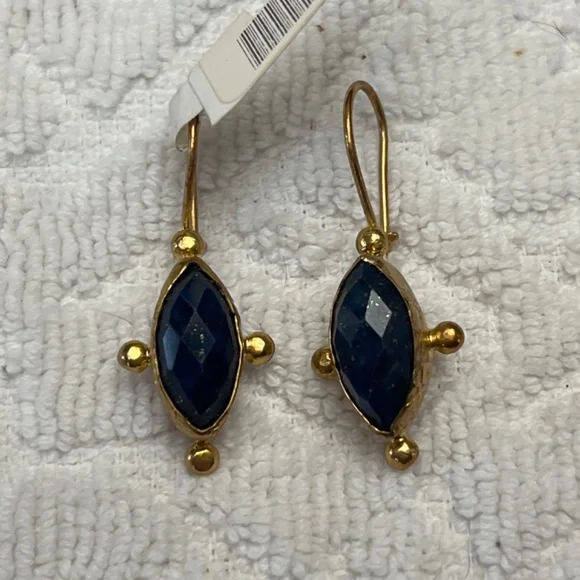 NWT Beautiful Lapis and 14K Gold Plated Drop Earrings.  Designer. - Picture 3 of 8